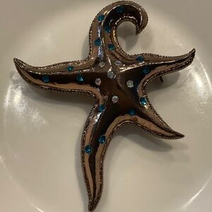 Nautical Metallic Starfish Brooch/ Pendant with Blue Rhinestone Accents
